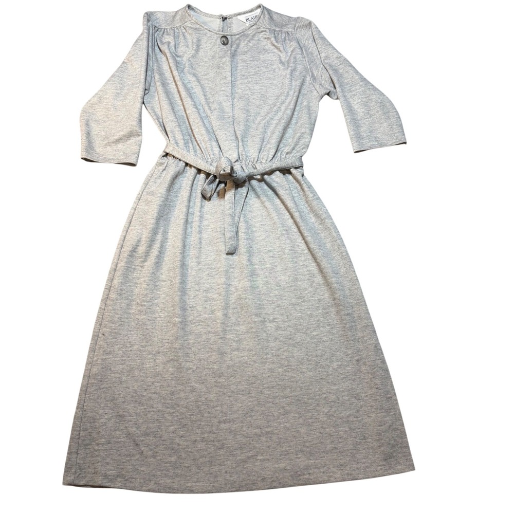 Vintage Blair Grey Wool‎ Blend Belted Midi Dress 3/4 Sleeve Size 16 Made in USA
